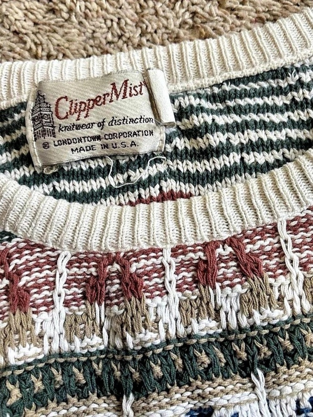 Cipper-Mist Geometric Knit Crewneck in Cream & Green - Picture 2 of 4